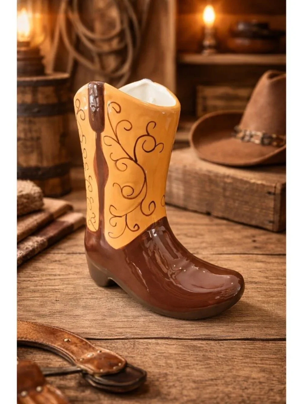 New Brown Western Cowboy Boot Decorative Flower Table Vase Room Decor
